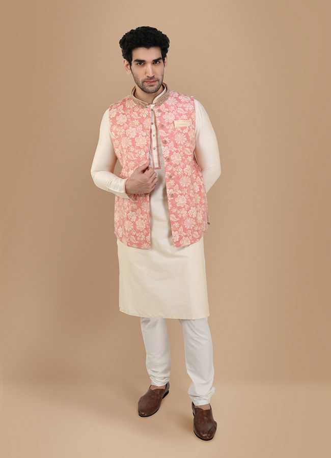 Peach And Cream Festive Kurta Jacket With Floral Detailing image number 1
